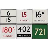 Quantity (6) of London Transport bus/coach stop enamel E-PLATES comprising routes 6/15, 15 Sunday (