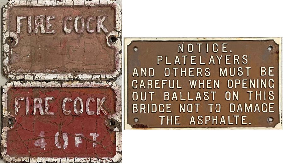 Trio of cast-iron RAILWAY SIGNS comprising a pair of SER/SECR 'Fire Cock' signs measuring 14.5" x