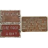 Trio of cast-iron RAILWAY SIGNS comprising a pair of SER/SECR 'Fire Cock' signs measuring 14.5" x