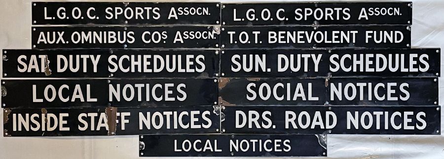 Quantity (11) of London Transport bus garage, notice board, enamel HEADER PLATES for staff