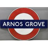 1930s London Underground enamel PLATFORM BULLSEYE SIGN from Arnos Grove station, designed by Charles