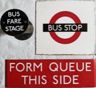 London Transport 1960s bus stop enamel items (3) comprising a small BUS STOP SIGN as fitted in