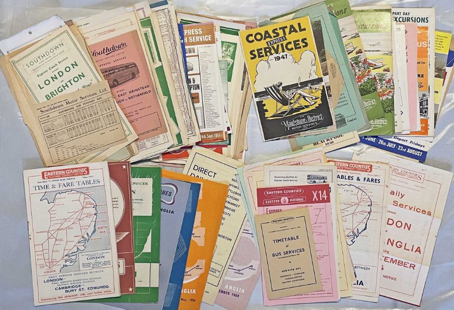 Large quantity (150+) of 1930s-70s (mostly 1950s/60s) TIMETABLE LEAFLETS for coach/express services,