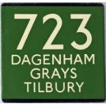 London Transport coach stop enamel E-PLATE for Green Line route 723 destinated Dagenham, Grays,