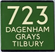 London Transport coach stop enamel E-PLATE for Green Line route 723 destinated Dagenham, Grays,