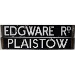 London Underground O/P/Q-Stock enamel cab DESTINATION PLATE for Edgware Rd/Plaistow on the