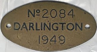 British Railways (Eastern Region) locomotive WORKSPLATE No 2084, Darlington 1949, from J72 Class 0-