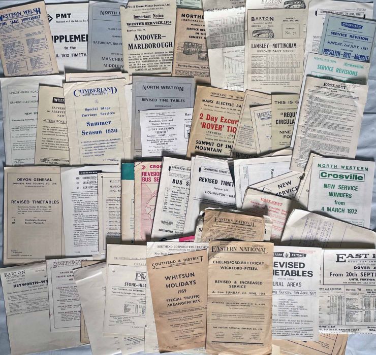 Large quantity (approx 80) of 1930s onwards bus & coach TIMETABLE etc LEAFLETS from a wide range