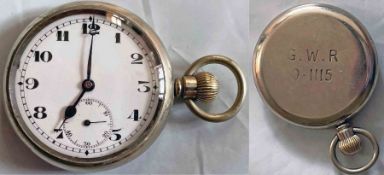 Great Western Railway side-winding POCKET WATCH with nickel casing and embossed 'GWR 0 -1115' on