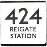 London Transport bus stop enamel E-PLATE for route 424 destinated Reigate Station. Likely to have