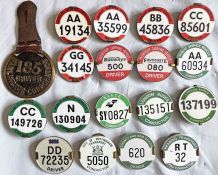 Quantity (18) of bus driver/conductor PSV/PCV etc LICENCE BADGES including a pre-1935 driver's brass