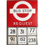 London Transport enamel BUS STOP FLAG (Request) with 6 E-PLATES. A 1950s/60s 'bullseye'-style, E6-