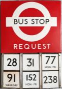 London Transport enamel BUS STOP FLAG (Request) with 6 E-PLATES. A 1950s/60s 'bullseye'-style, E6-