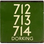 London Transport coach stop enamel E-PLATE for Green Line routes 712, 713, 714 destinated Dorking. A