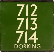 London Transport coach stop enamel E-PLATE for Green Line routes 712, 713, 714 destinated Dorking. A