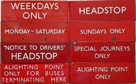 Quantity (8) of London Transport bus stop enamel Q-PLATES with a variety of information, all