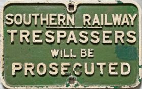 Southern Railway (LSWR pattern) cast-iron SIGN 'Trespassers will be prosecuted'. Size: 25" x 16" (