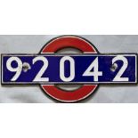 London Underground 1938 Tube Stock enamel STOCKNUMBER PLATE from non-driving motor-car 92042. The