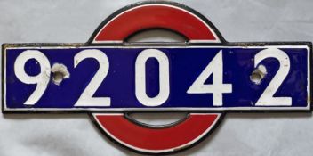 London Underground 1938 Tube Stock enamel STOCKNUMBER PLATE from non-driving motor-car 92042. The