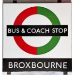 1950s/60s London Transport enamel BUS & COACH STOP SIGN 'Broxbourne' from a 'Keston' wooden bus