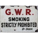 Great Western Railway (GWR) ENAMEL NOTICE 'Smoking Strictly Prohibited. By Order' in red and black