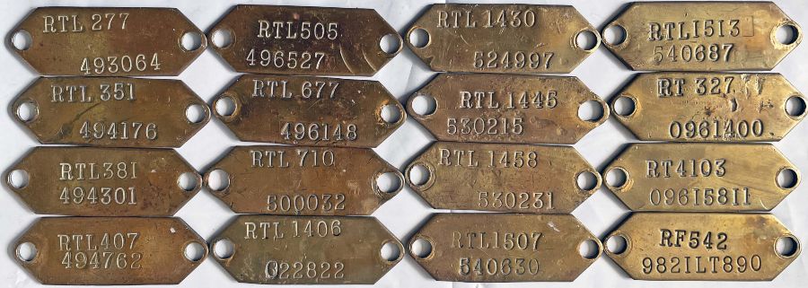 Quantity (16) of London Transport bus brass CHASSIS TAGS comprising the tags for RTLs 277, 351, 381,