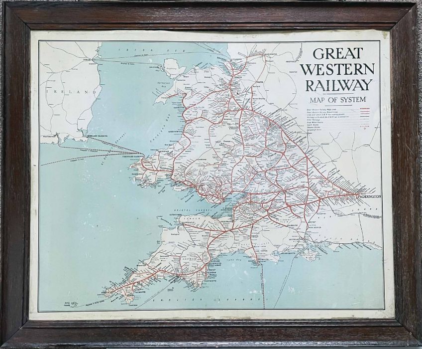1920s Great Western Railway (GWR) screen-printed tin MAP OF SYSTEM in original wooden frame. Shows