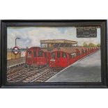 London Underground original oil-on-board PAINTING of Stroud Green station by Malcolm Drabwell, 1980.