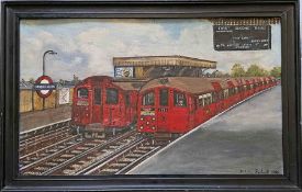 London Underground original oil-on-board PAINTING of Stroud Green station by Malcolm Drabwell, 1980.