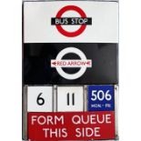 London Transport enamel BUS & RED ARROW STOP FLAG with 3 E-PLATES and G-PLATE "Form Queue This