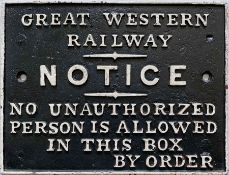 Great Western Railway (GWR) cast-iron SIGNAL BOX DOOR NOTICE 'No unauthorized person is allowed in