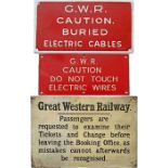 Trio of Great Western Railway (GWR) small NOTICES comprising enamel 'Caution. Buried Electric