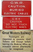 Trio of Great Western Railway (GWR) small NOTICES comprising enamel 'Caution. Buried Electric