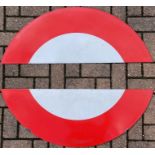 Pair of London Underground enamel 'HALF-MOONS' from platform bullseye or roundel signs. Each piece