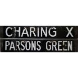 London Underground Q-Stock enamel CAB DESTINATION PLATE Charing X [Charing Cross]/Parsons Green on