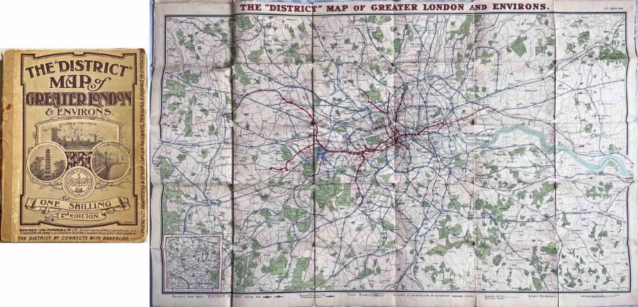 1907/8 London Underground MAP "The District" [Railway] Map of Greater London & Environs, 2nd