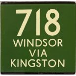 London Transport coach stop enamel E-PLATE for Green Line route 718 destinated Windsor via Kingston.