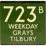 London Transport coach stop enamel E-PLATE for Green Line route 723B lettered 'Weekday' and