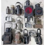 Quantity (14) of assorted RAILWAY LAMPS of various types including handlamps, Bardic lamps, a German