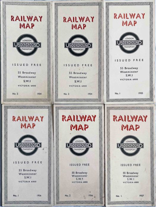 Selection (6) of 1930s London Underground diagrammatic, card POCKET MAPS by Beck comprising No 2