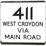 London Transport bus stop enamel E-PLATE for route 411 destinated West Croydon via Main Road.