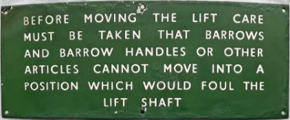 British Railways (Southern Region) ENAMEL SIGN 'Before moving the Lift care must be taken that