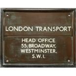 1930s London Transport bronze OWNERSHIP PLATE 'London Transport, Head Office, 55 Broadway etc' ('