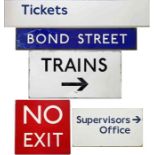 Selection (5) of London Underground SIGNS, four are flanged enamel: 'Tickets', 'Trains', 'No Exit'