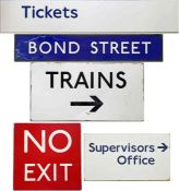 Selection (5) of London Underground SIGNS, four are flanged enamel: 'Tickets', 'Trains', 'No Exit'