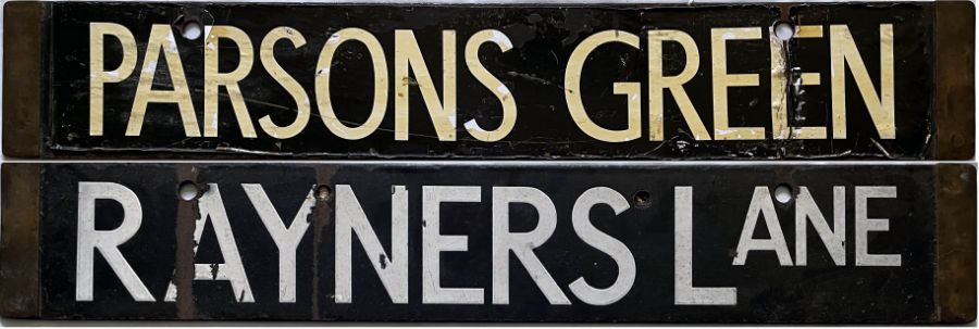 London Underground enamel DESTINATION PLATE for Parsons Green / Rayners Lane. Parsons Green is a