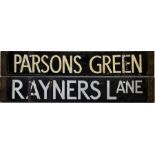 London Underground enamel DESTINATION PLATE for Parsons Green / Rayners Lane. Parsons Green is a