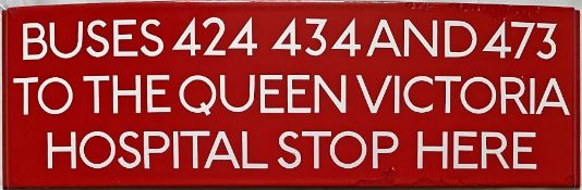 London Transport bus stop enamel G-PLATE "Buses 424, 434 and 473 to the Queen Victoria Hospital stop