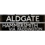 London Underground Q/CO/CP Stock enamel DESTINATION PLATE for Aldgate / Hammersmith via Paddington