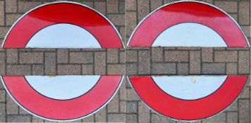 Two pairs of 1930s/40s London Underground enamel 'HALF-MOONS' from platform bullseye signs. Both